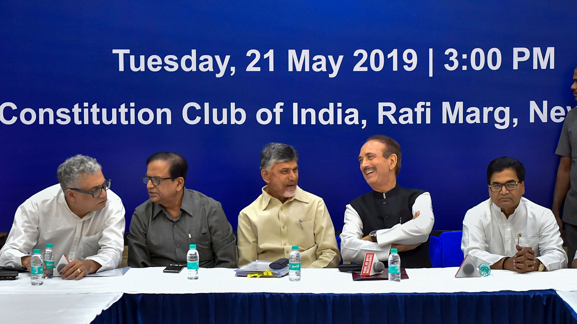  Andhra Pradesh CM N Chandrababu Naidu, Congress leader Ghulam Nabi Azad, SP leader Ramgopal Yadav, BSP leader Satish Chandra Mishra and others ahead of a meeting with EC  on Tuesday, 21 May.