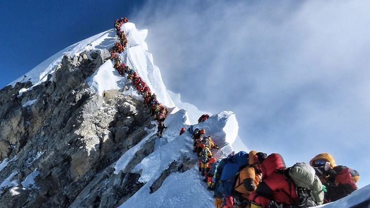 Long queue of climbers on the way to summit