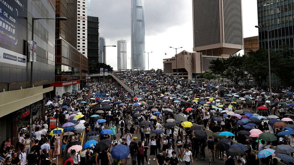 Thousands of protesters gather outside the Legislative Council in Hong Kong on 12 June 2019. &nbsp;