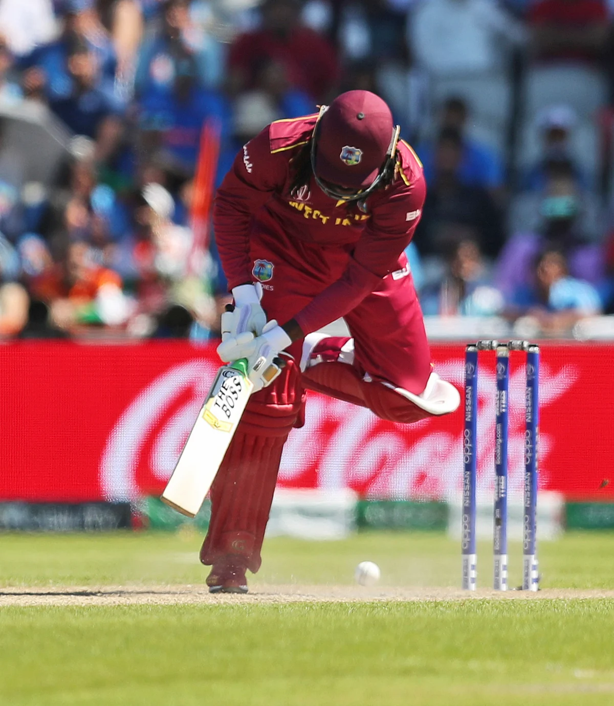 West Indies’ Chris Gayle bats during the Cricket World Cup match between India and West Indies at Old Trafford.