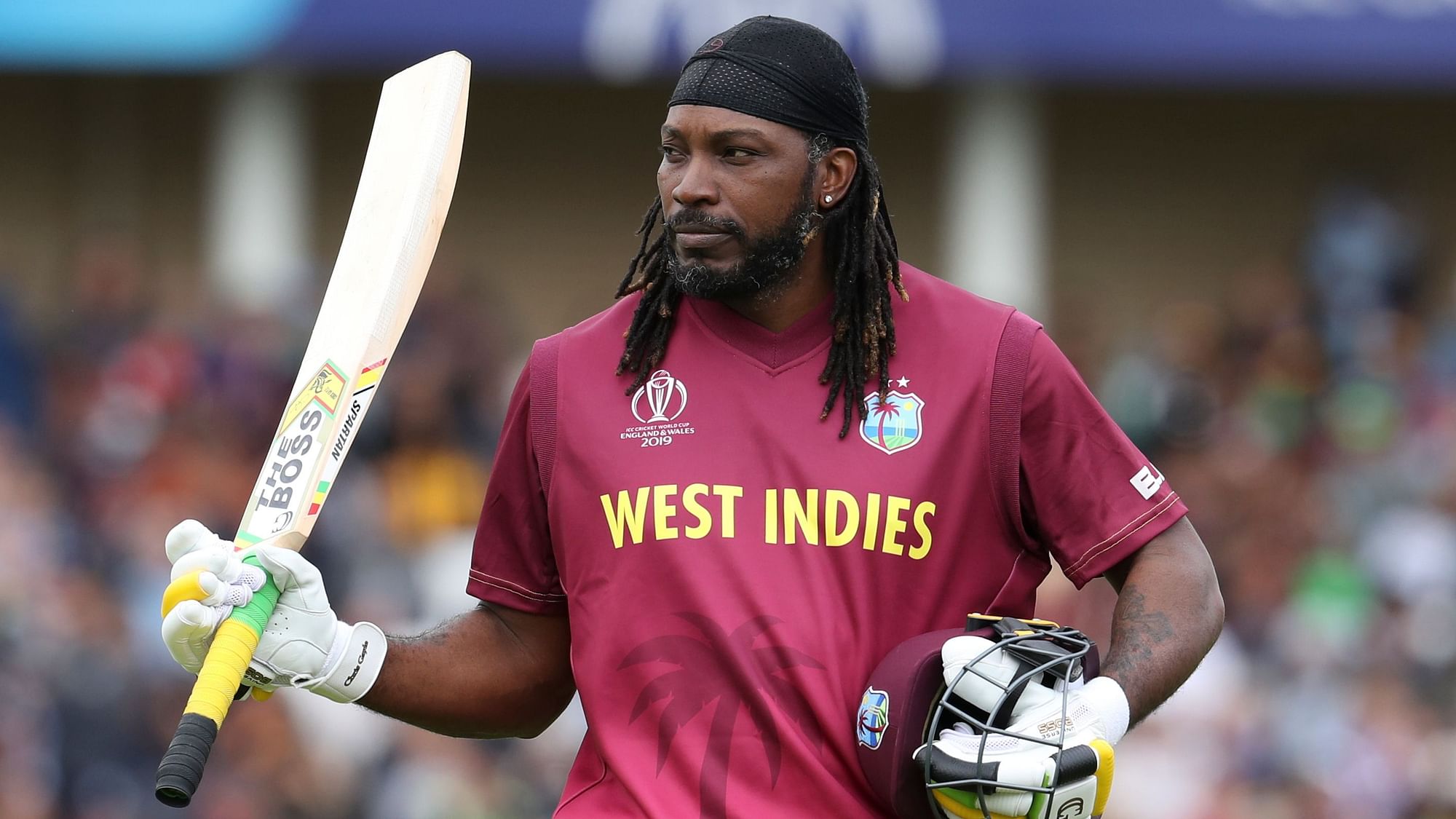 West Indies’ Chris Gayle leaves the field after his dismissal for 50 runs during a Cricket World Cup match against Pakistan at Trent Bridge cricket ground in Nottingham, England, Friday, May 31, 2019.