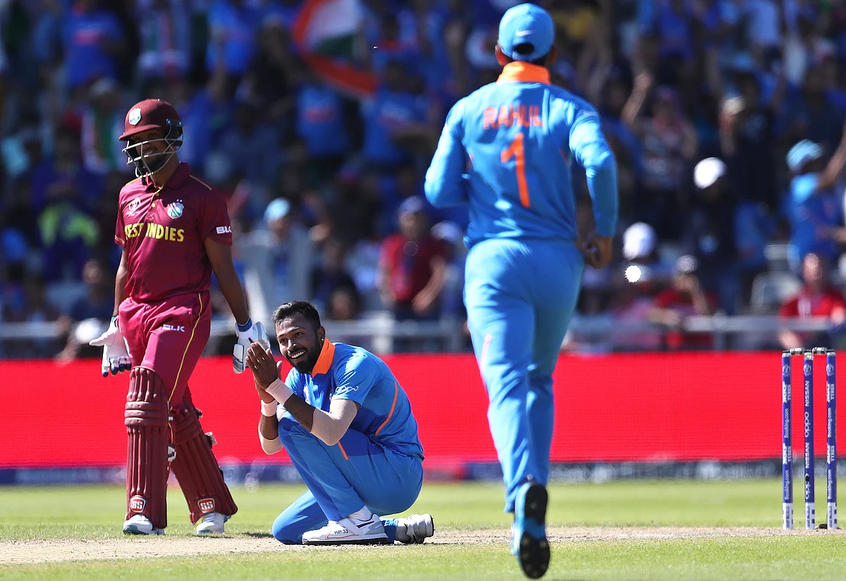 India’s Hardik Pandya, center, celebrates the dismissal of West Indies’ Sunil Ambris during the Cricket World Cup match between India and West Indies.