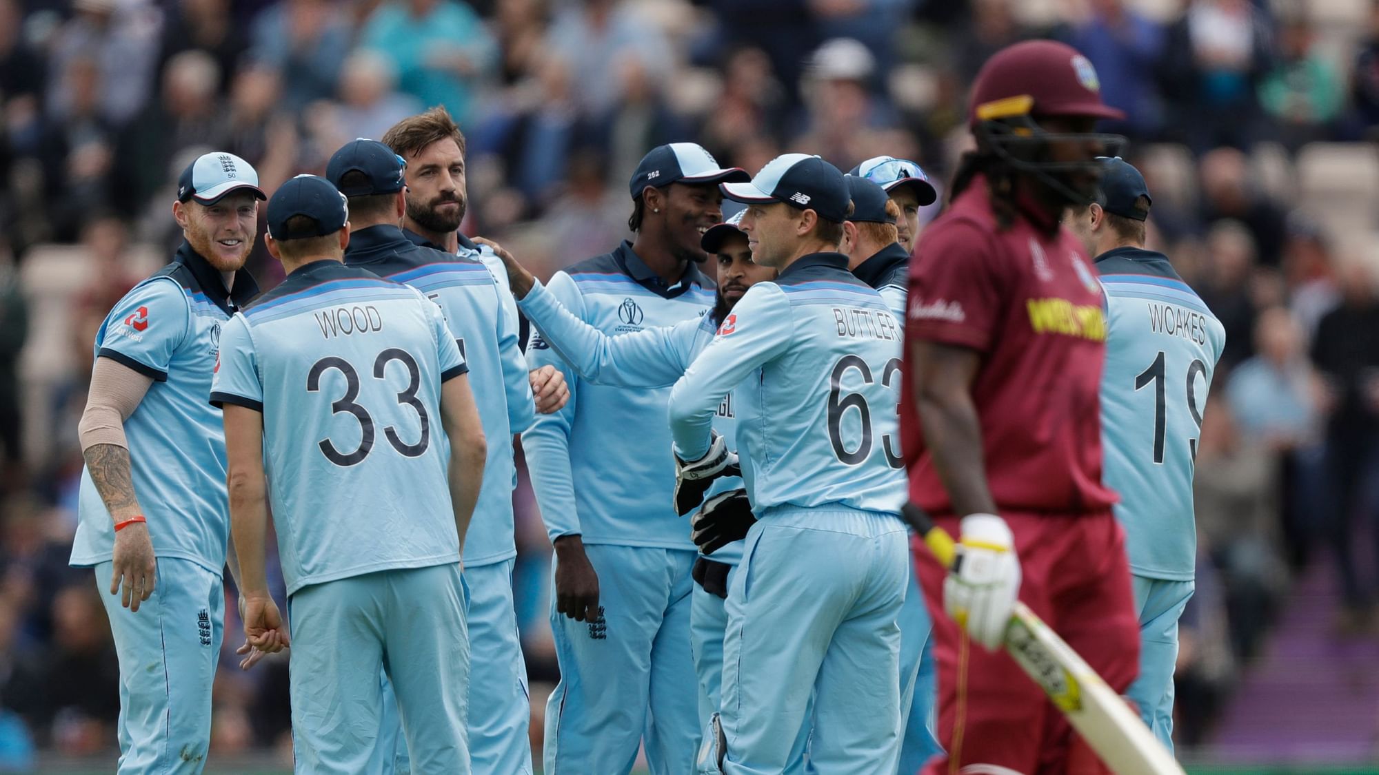 England bowled West Indies out for 212 in their ICC World Cup match.