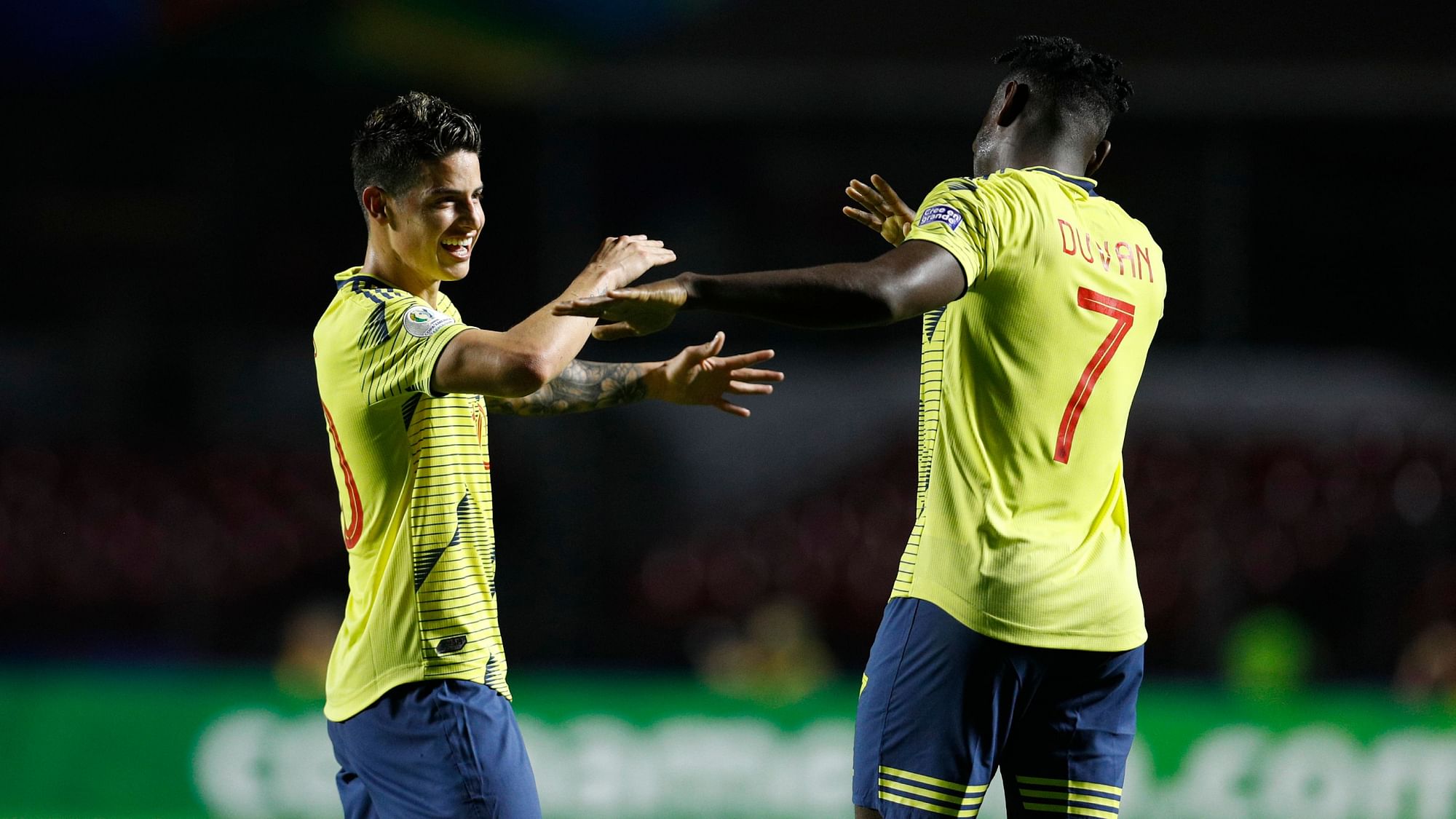 Colombia’s James Rodriguez applauds to fans at the end of a Copa America Group B soccer match at the Morumbi stadium in Sao Paulo, Brazil.