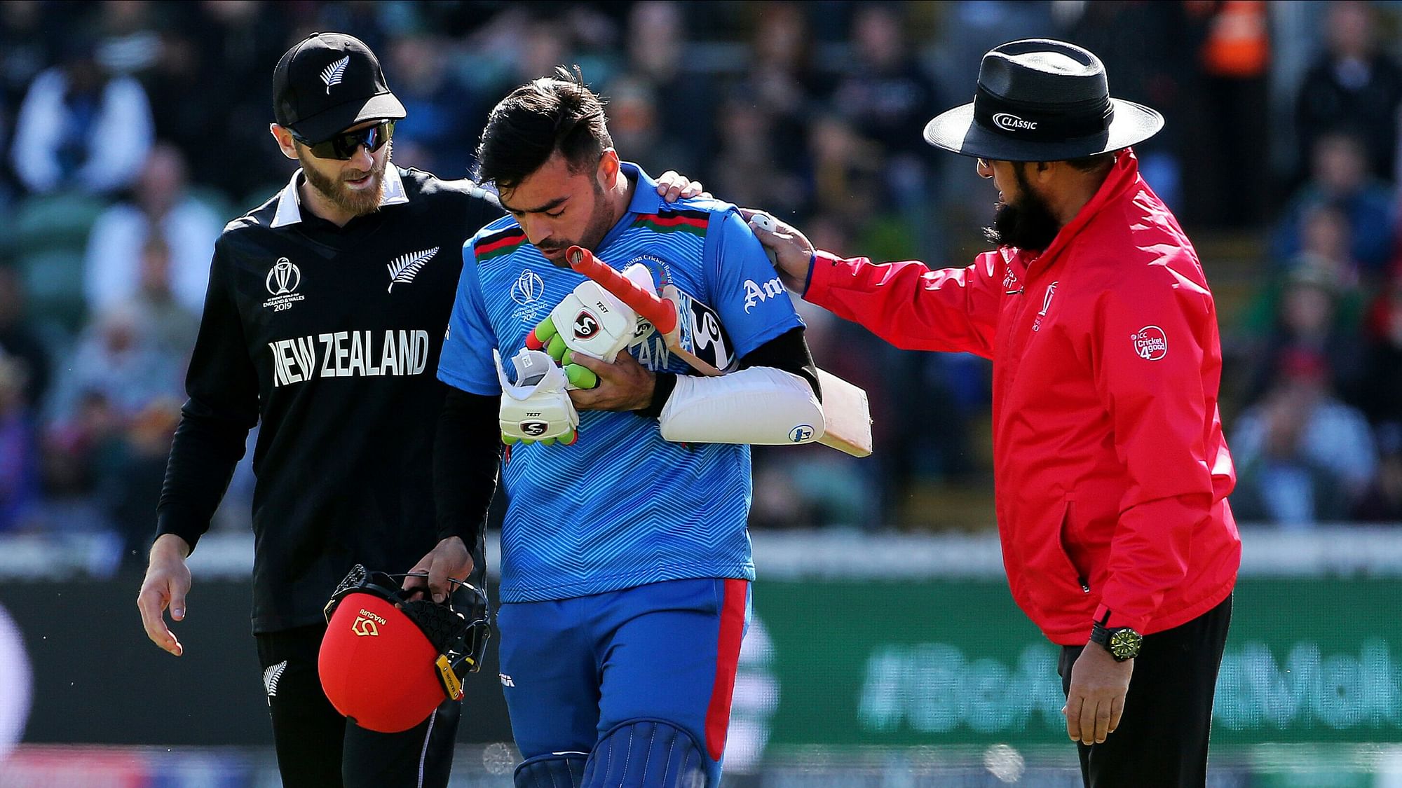 Afghanistan’s star leg-spinner Rashid Khan was ruled out of their ICC World Cup match against New Zealand after he was hit on the helmet.