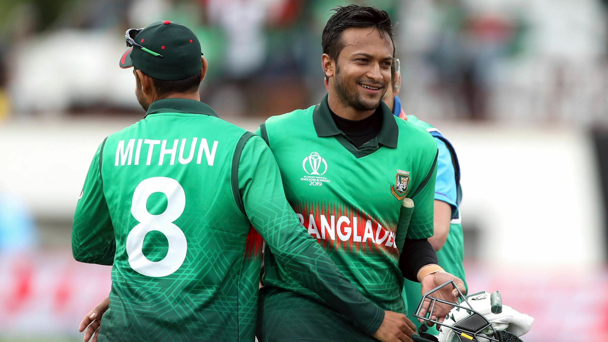 Bangladesh’s Shakib Al Hasan, right, and Liton Das celebrate winning the Cricket World Cup match between West Indies and Bangladesh at The Taunton County Ground, Taunton, south west England, Monday 17 June, 2019.