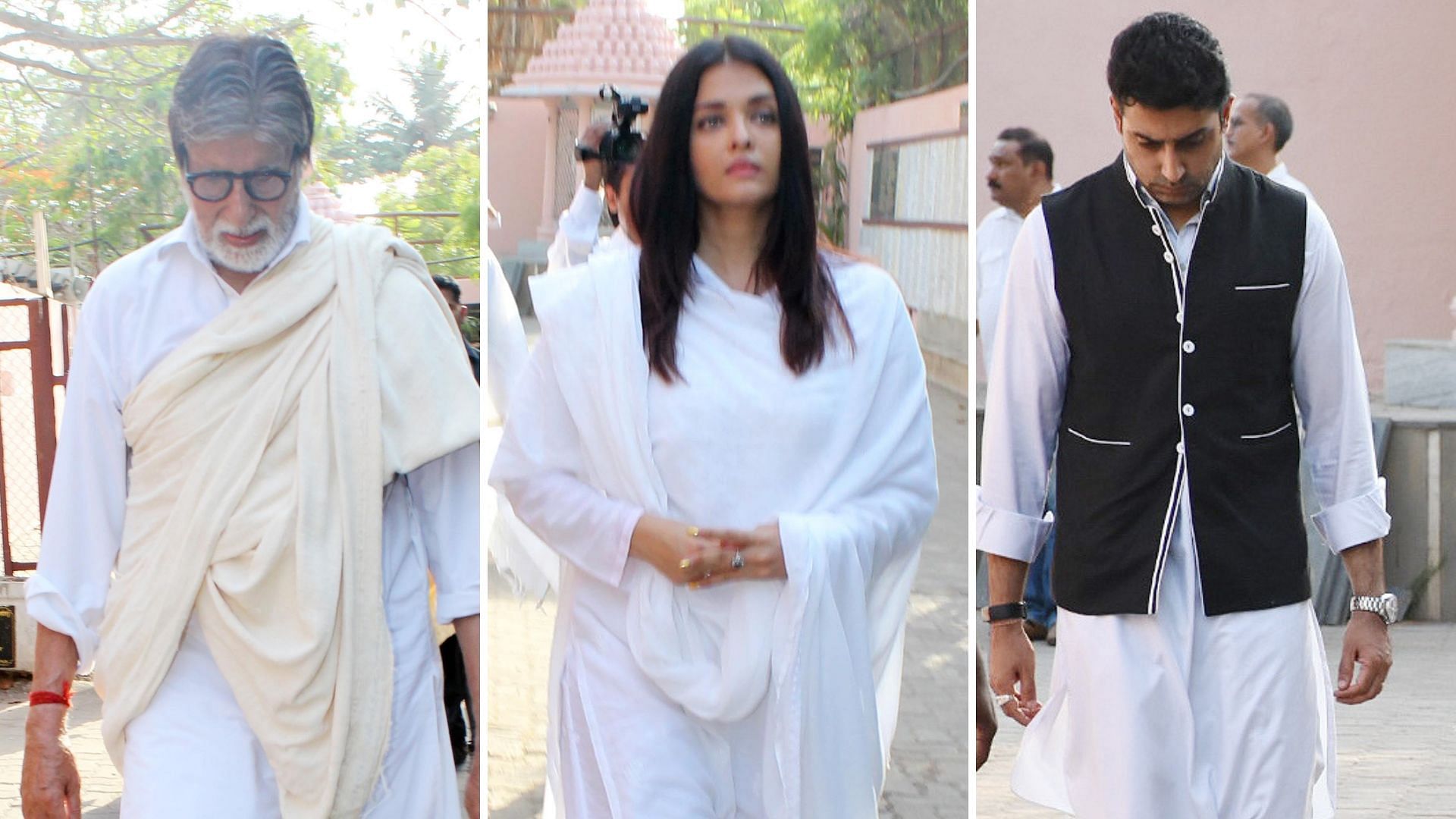 Amitabh Bachchan, Aishwarya Rai Bachchan and Abhishek Bachchan at Sheetal Jain’s funeral.