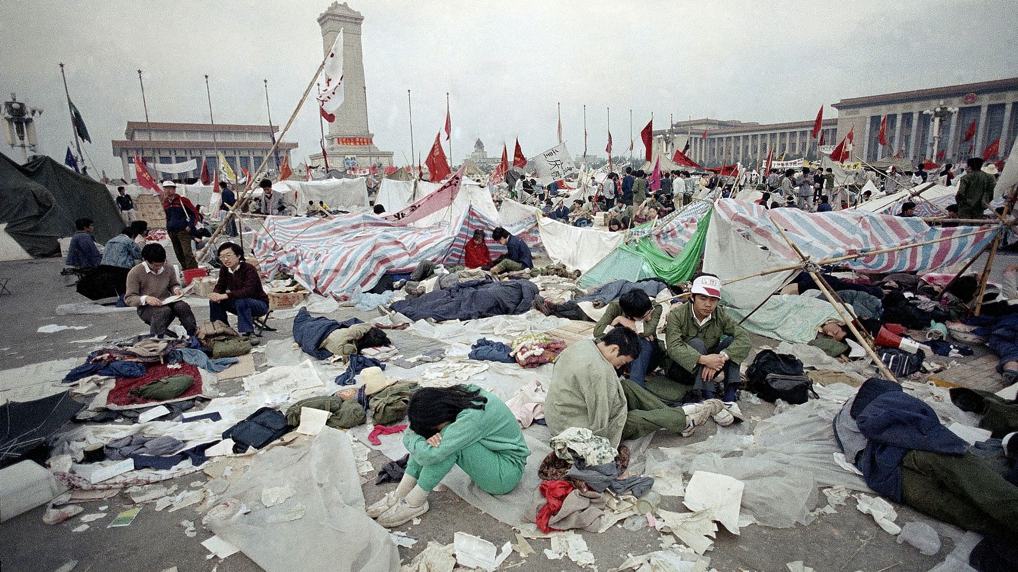  In this 28 May 1989 file photo, students rest in the litter of Tiananmen Square in Beijing, as their strike for government reform enters its third week.
