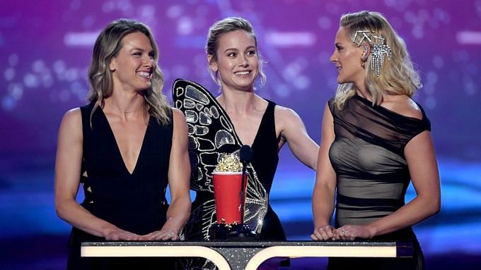 Brie Larson with her stunt doubles at the 2019 MTV Movie &amp; TV Awards.