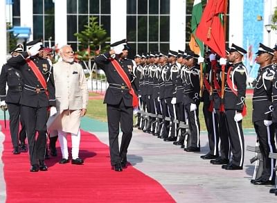 Male: Prime Minister Narendra Modi accorded a ceremonial reception on his arrival in Male, Maldives on June 8, 2019. (Photo: IANS/MEA)