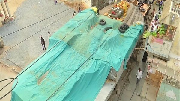 A massive monolithic statue of Vishwaroopa Maha Vishnu, weighing 300-tonne was brought to a temple here.