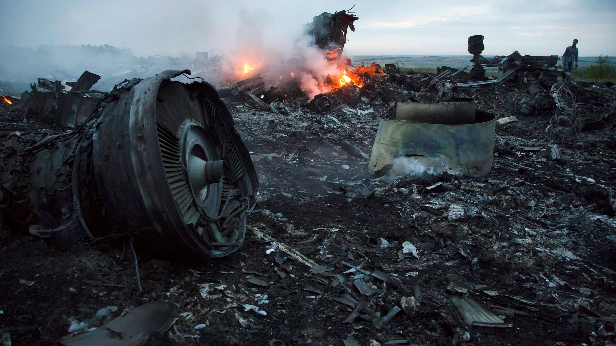 A man walks amongst the  debris at the crash site of a passenger plane near the village of Hrabove, Ukraine.