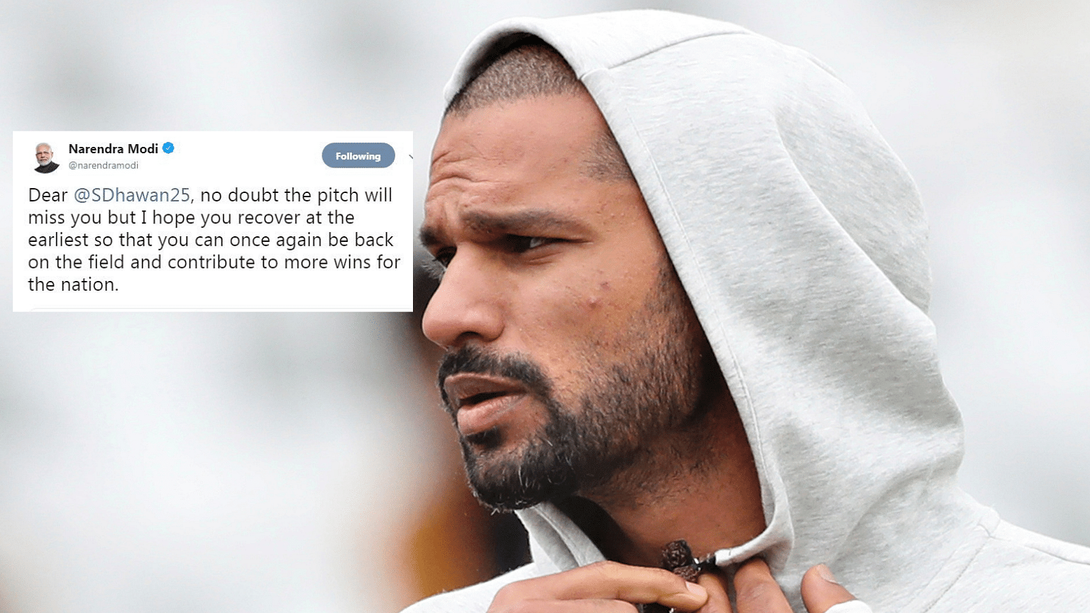 Dhawan had suffered the injury after being hit by a Pat Cummins delivery during his 109-ball knock of 117 against Australia on June 9.