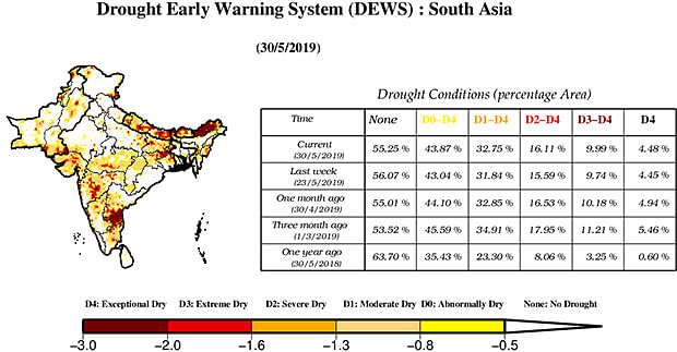 Drought has affected at least 43.87% area in India as of 30 May, 2019, according to the Drought Early Warning System