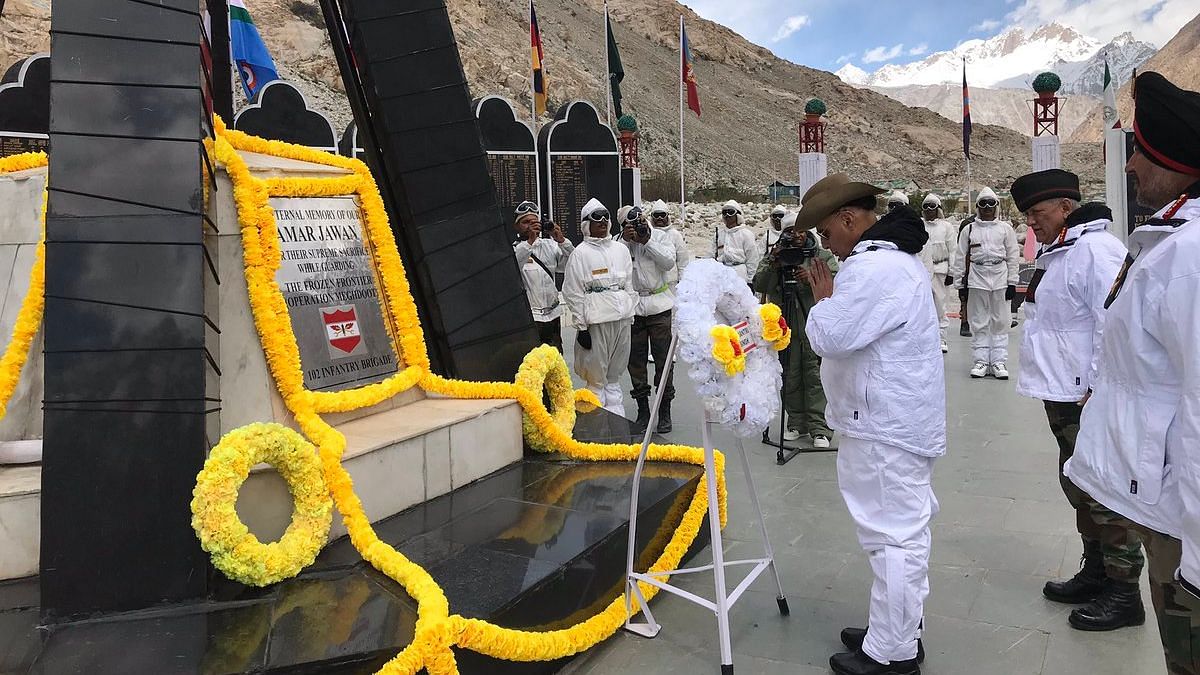 Defence Minister Rajnath Singh paid tributes to the martyred soldiers who sacrificed their lives while serving in Siachen. 