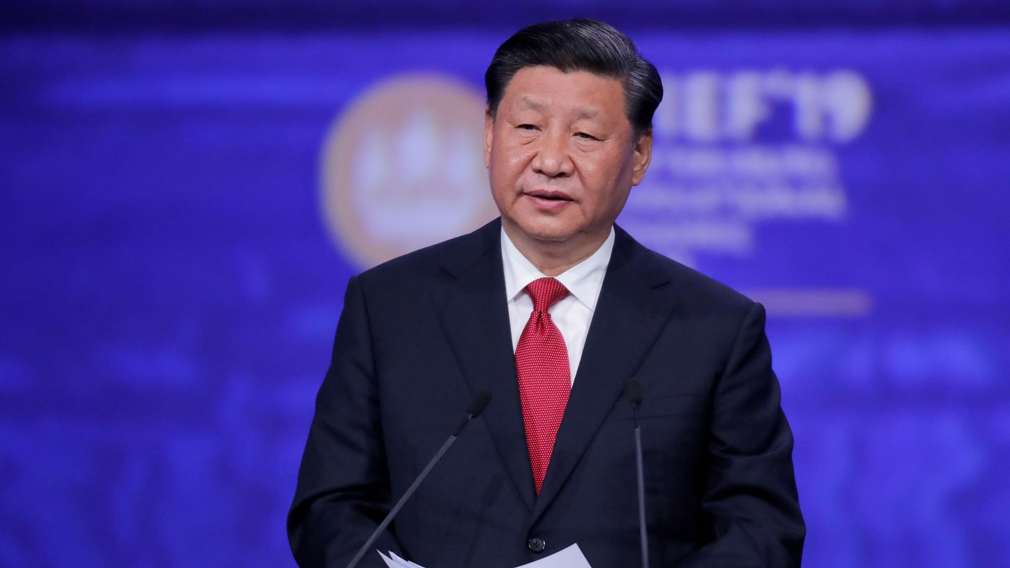 Chinese President Xi Jinping addresses the St Petersburg International Economic Forum in St Petersburg, Russia Friday, 7 June 2019.