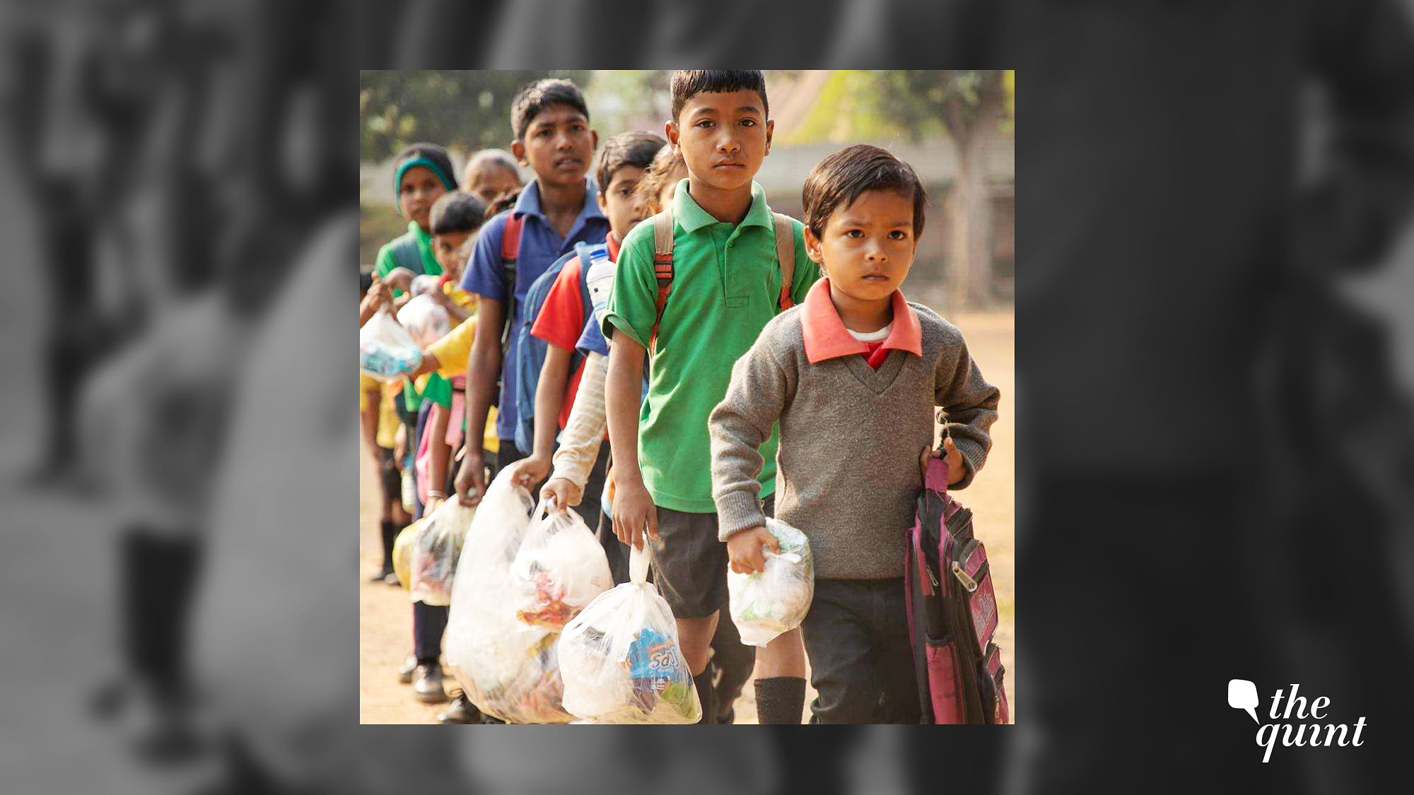 Students bringing plastic waste as school fee in Akshar school in Assam.&nbsp;