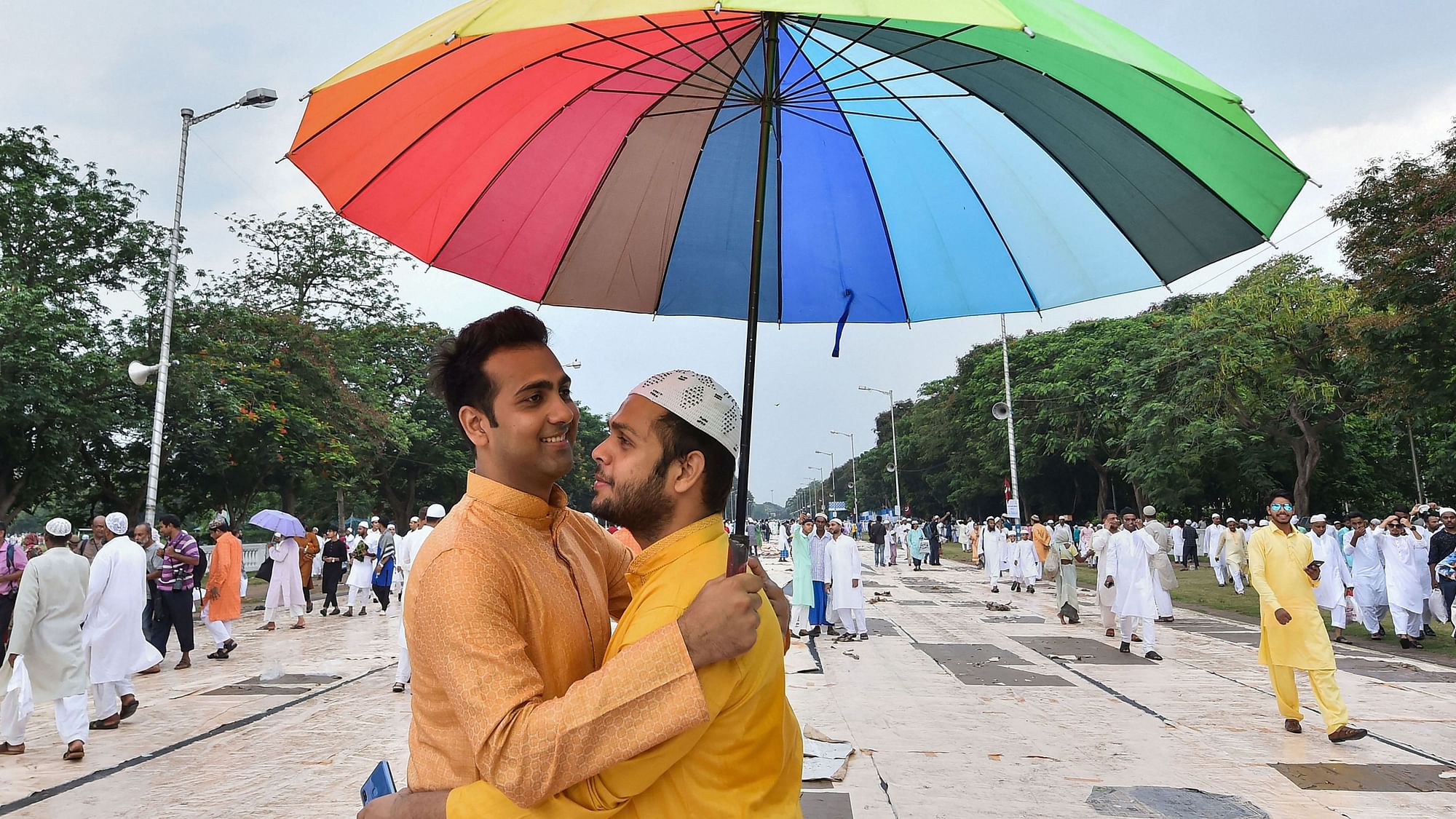 Muslims greet each other after offering ‘namaz’ at Red Road on the occasion of Eid-ul-Fitr that marks the end of the holy month of Ramzan, in Kolkata.&nbsp;