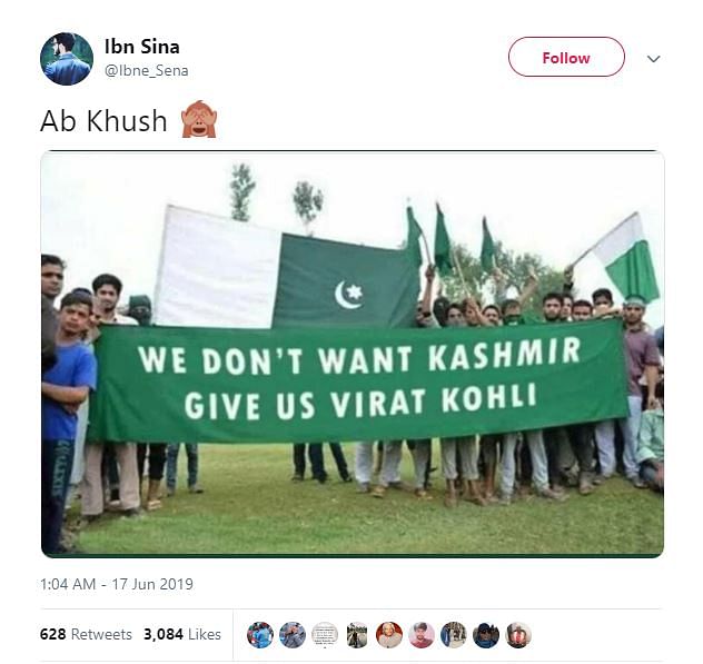 The picture in question has been photoshopped to include the words, “We don’t want Kashmir, give us Virat Kohli.”