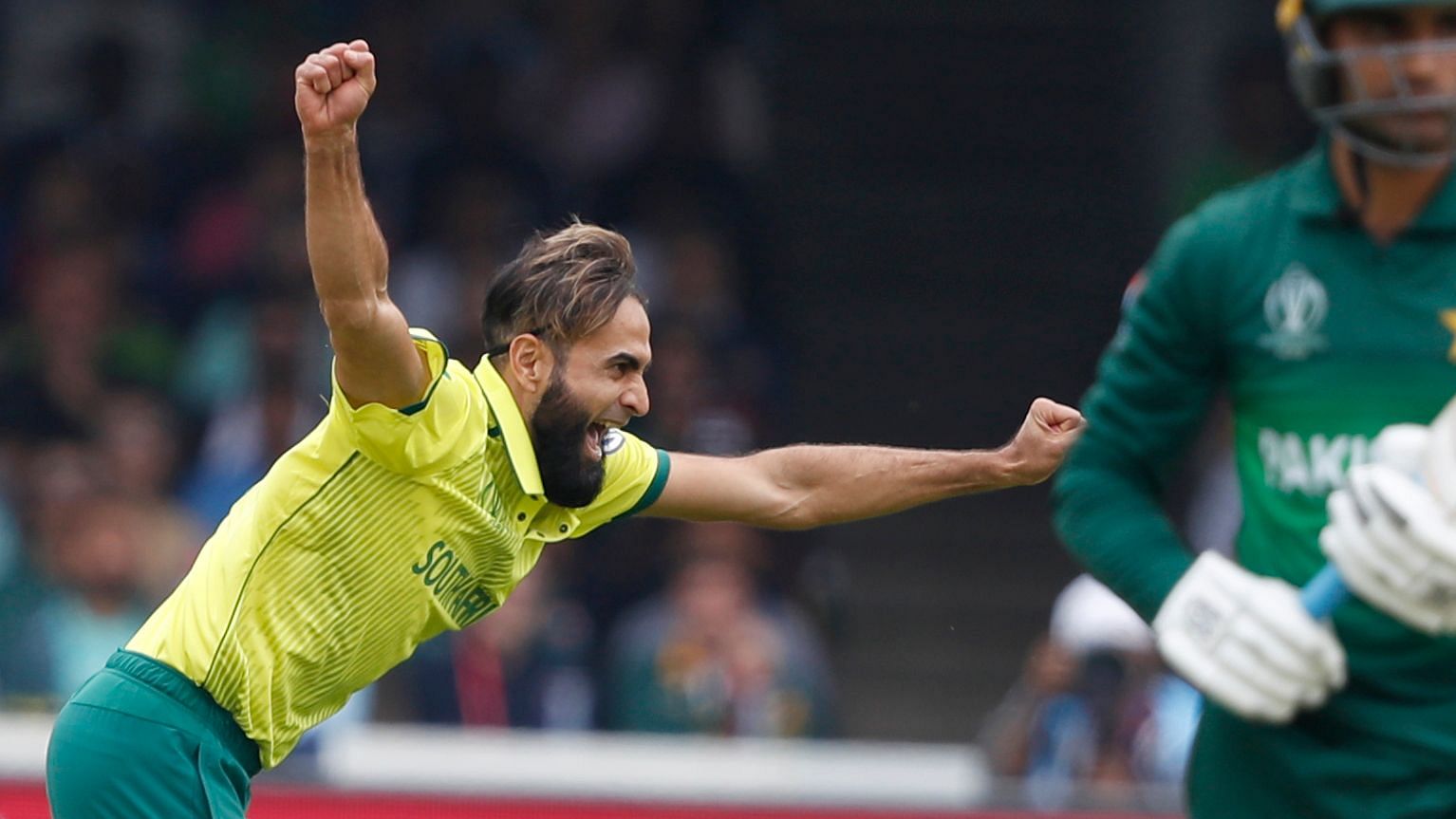 South Africa’s Imran Tahir celebrates after taking the wicket of Pakistan’s Fakhar Zaman caught at first slip during their Cricket World Cup match between Pakistan and South Africa at Lord’s cricket ground in London.