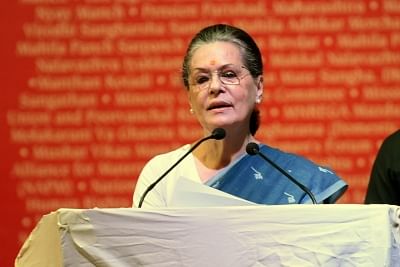 New Delhi: UPA Chairperson Sonia Gandhi addresses during "Peoples