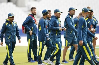 London: Australian cricketers during a practice session ahead of their 2019 ICC Cricket World Cup match against India, at the Oval in London on June 8, 2019. (Photo: Surjeet Yadav/IANS)