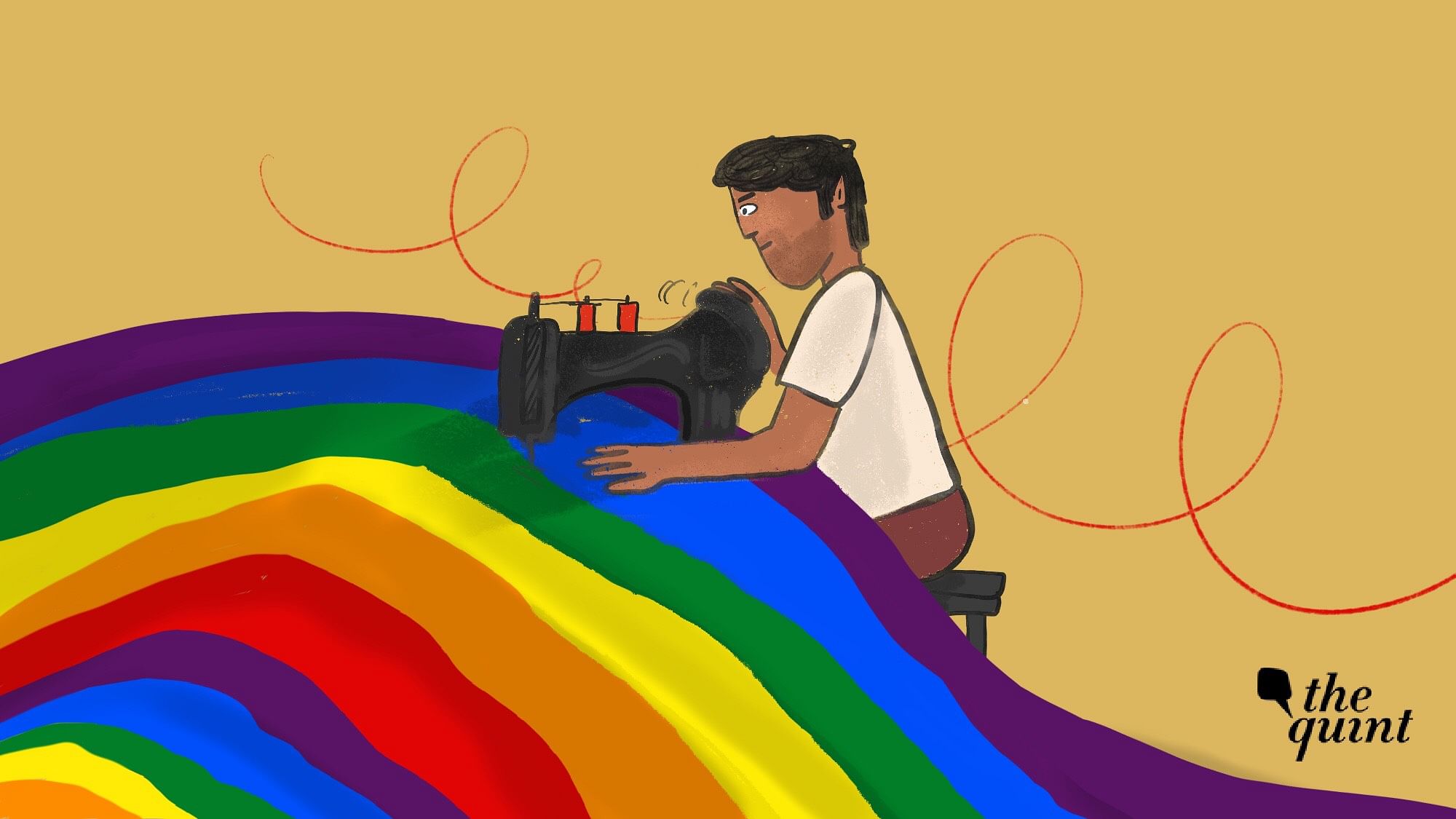 Illustration of the creator of the rainbow flag, Gilbert Baker, stitching the flag.