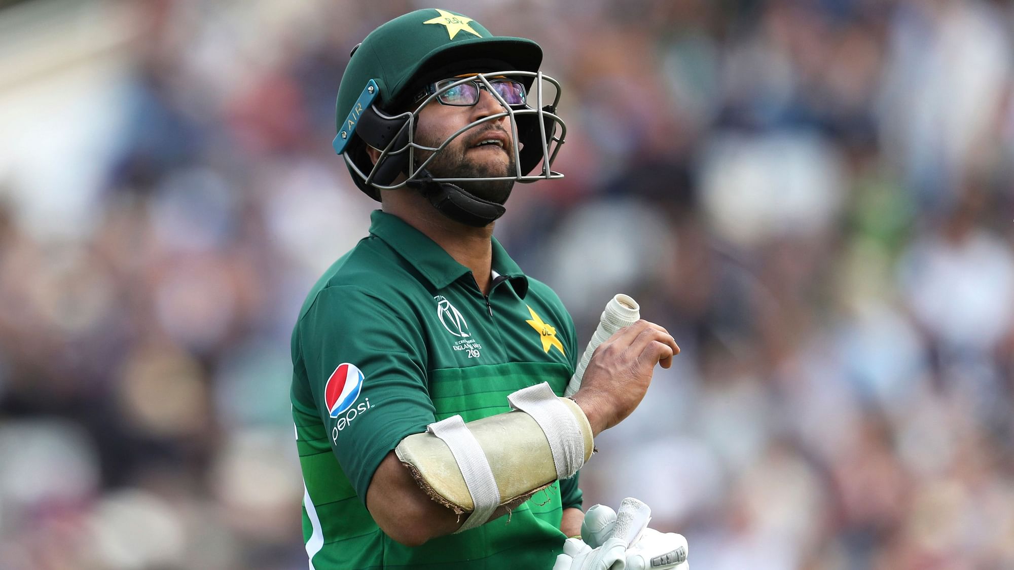 Pakistan’s Imam-ul-Haq after being dismissed during the Cricket World Cup match between England and Pakistan at Trent Bridge in Nottingham, Monday, 3 June.