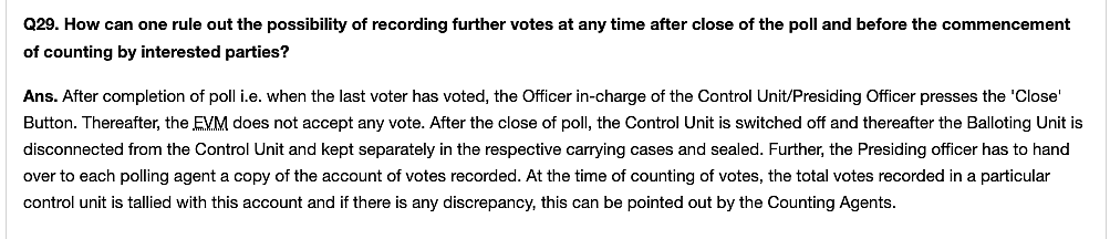 Above is the screenshot from the <a href="https://eci.gov.in/faqs/evm/general-qa/electronic-voting-machine-r2/">EC’s website</a> on “ruling out the possibility of recording” of surplus votes in EVMs.