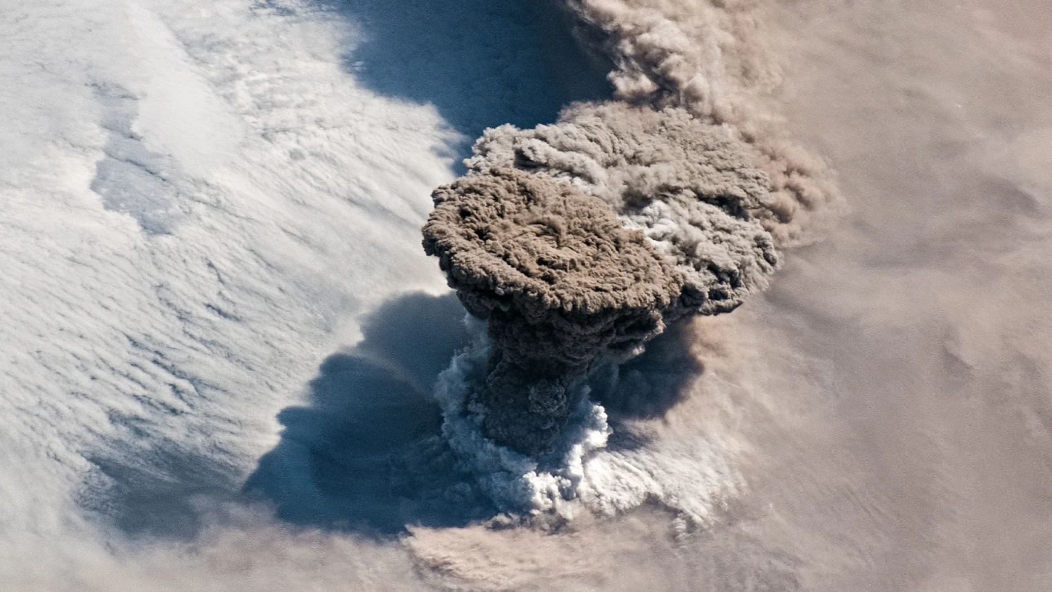 The Raikoke Volcano, which erupted after ninety-five years of remaining dormant, captured from space by the International Space Station.