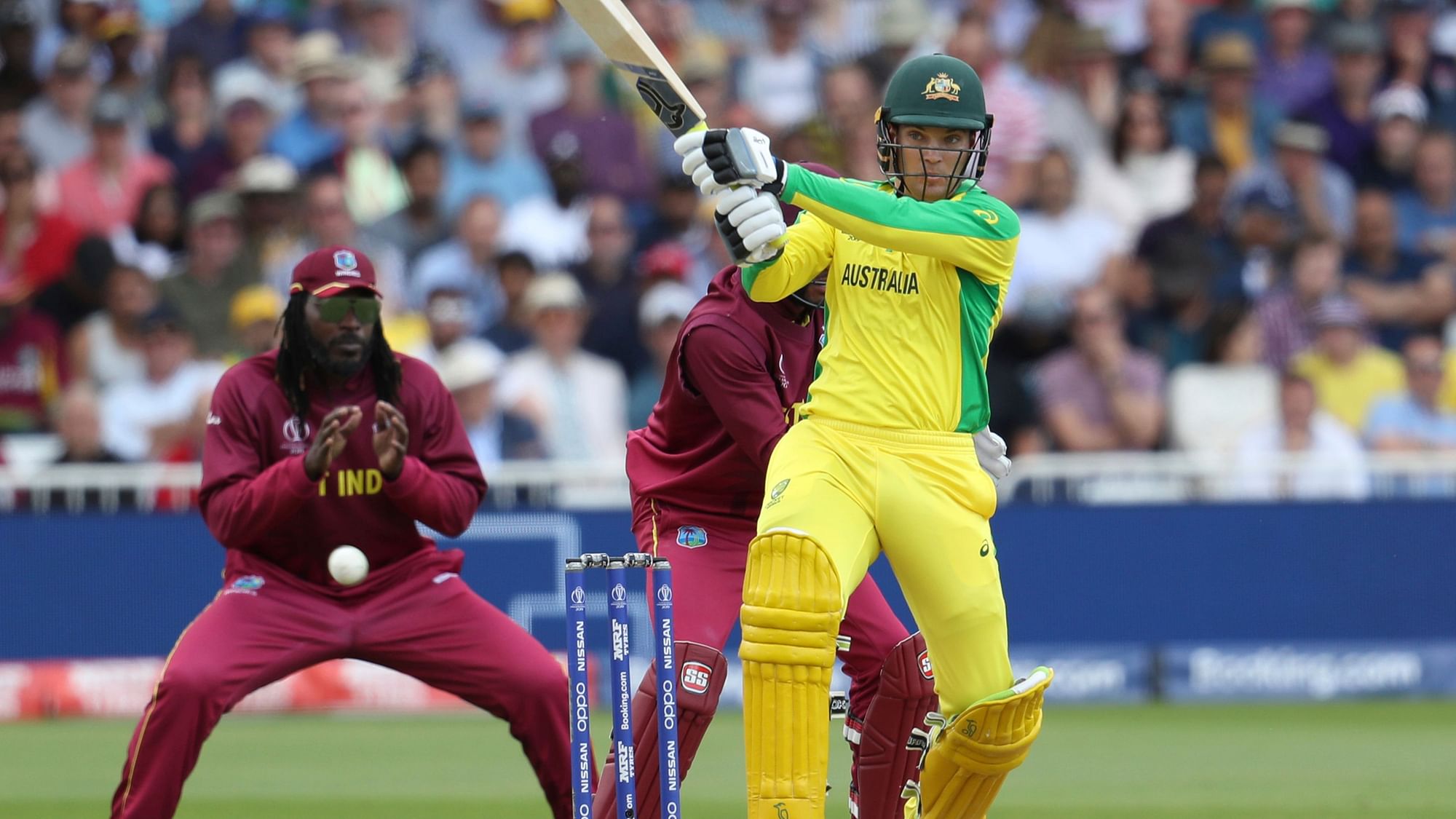 Australia’s Alex Carey plays a shot during the Cricket World Cup match between Australia and West Indies at Trent Bridge in Nottingham, Thursday, June 6, 2019.&nbsp;