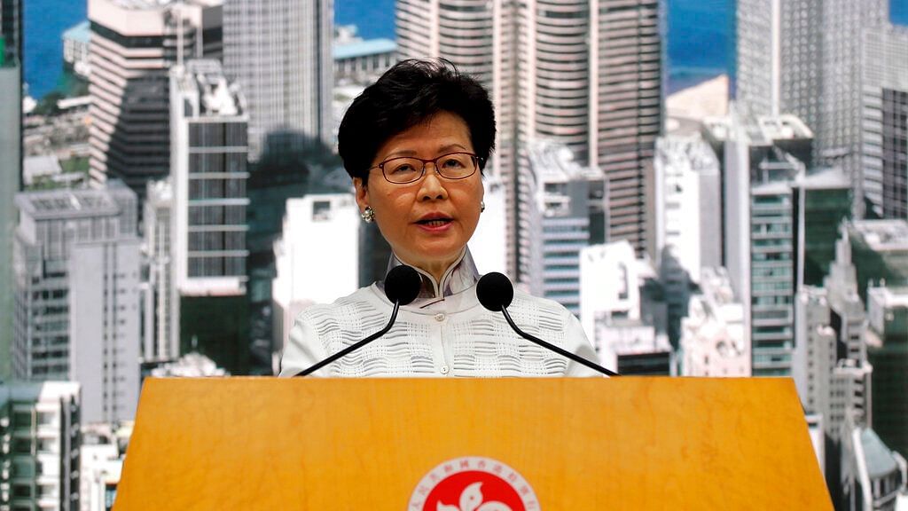 Hong Kong’s Chief Executive Carrie Lam speaks at a press conference in Hong Kong on&nbsp; Saturday, 15 June.&nbsp;