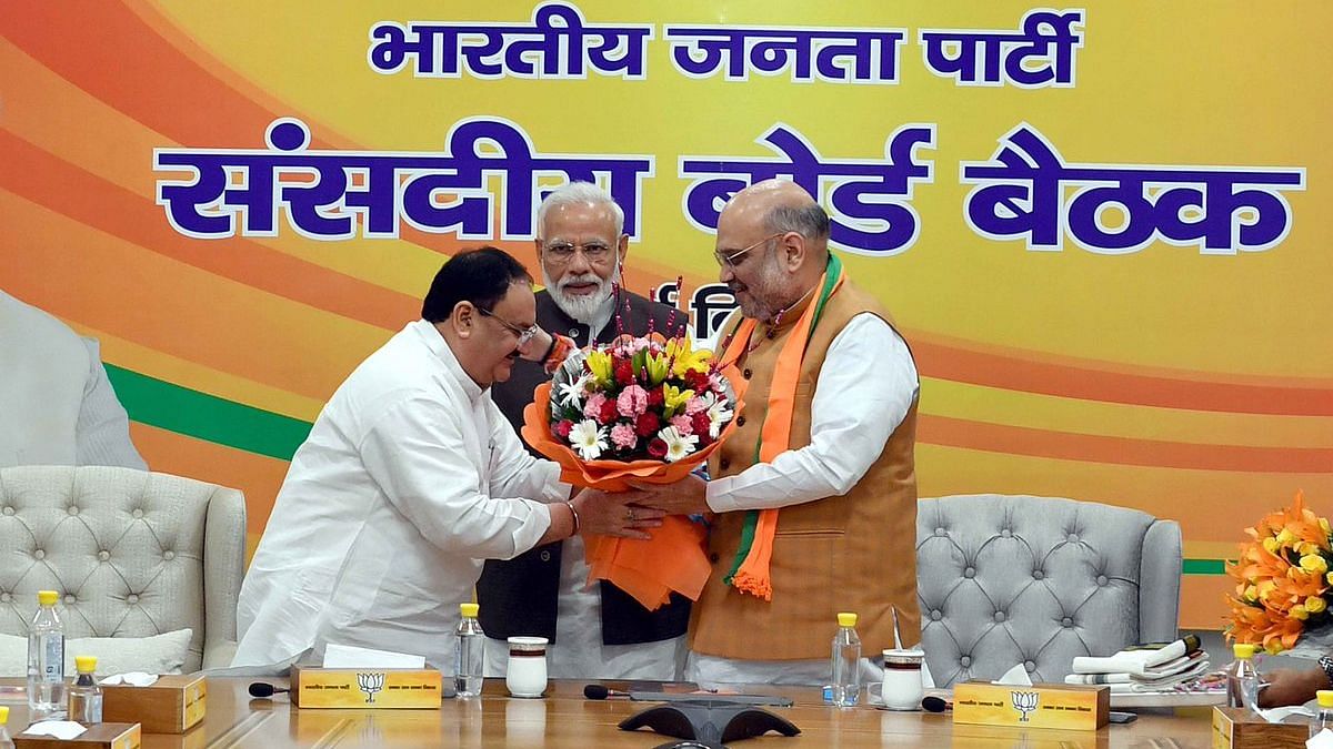 JP Nadda with PM Modi and Amit Shah on Monday, 17 June.&nbsp;