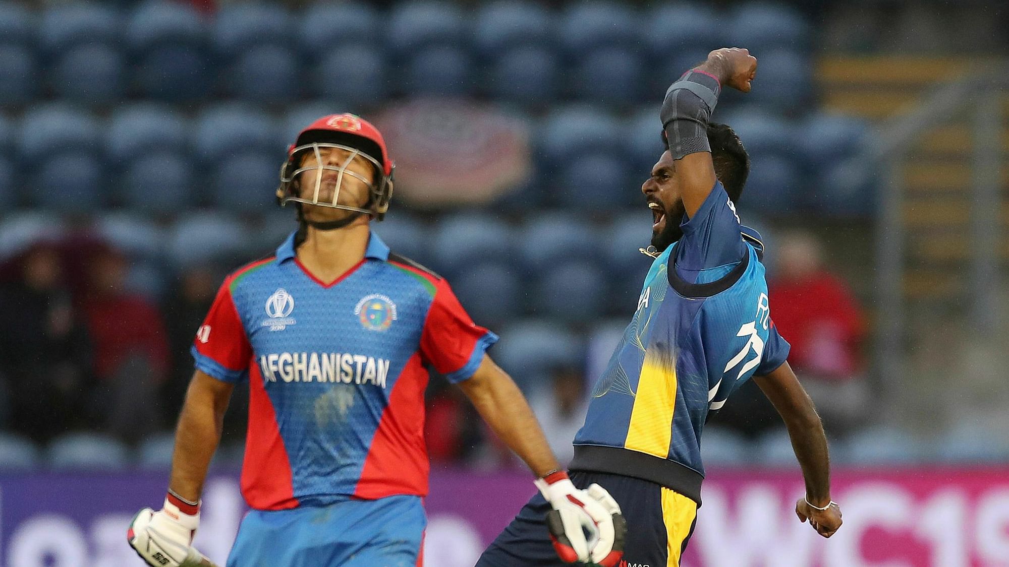Sri Lanka’s Isuru Udana celebrates the run out of Afghanistan’s  Najibullah Zadran with Dhananjaya de Silva during the ICC Cricket World Cup group stage match at the Cardiff Wales Stadium.&nbsp;