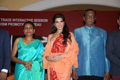 Mumbai: Sri Lanka Tourism Minister John Amaratunga and actress Jacqueline Fernandez during a press conference, in Mumbai, on June 24, 2019. (Photo: IANS)