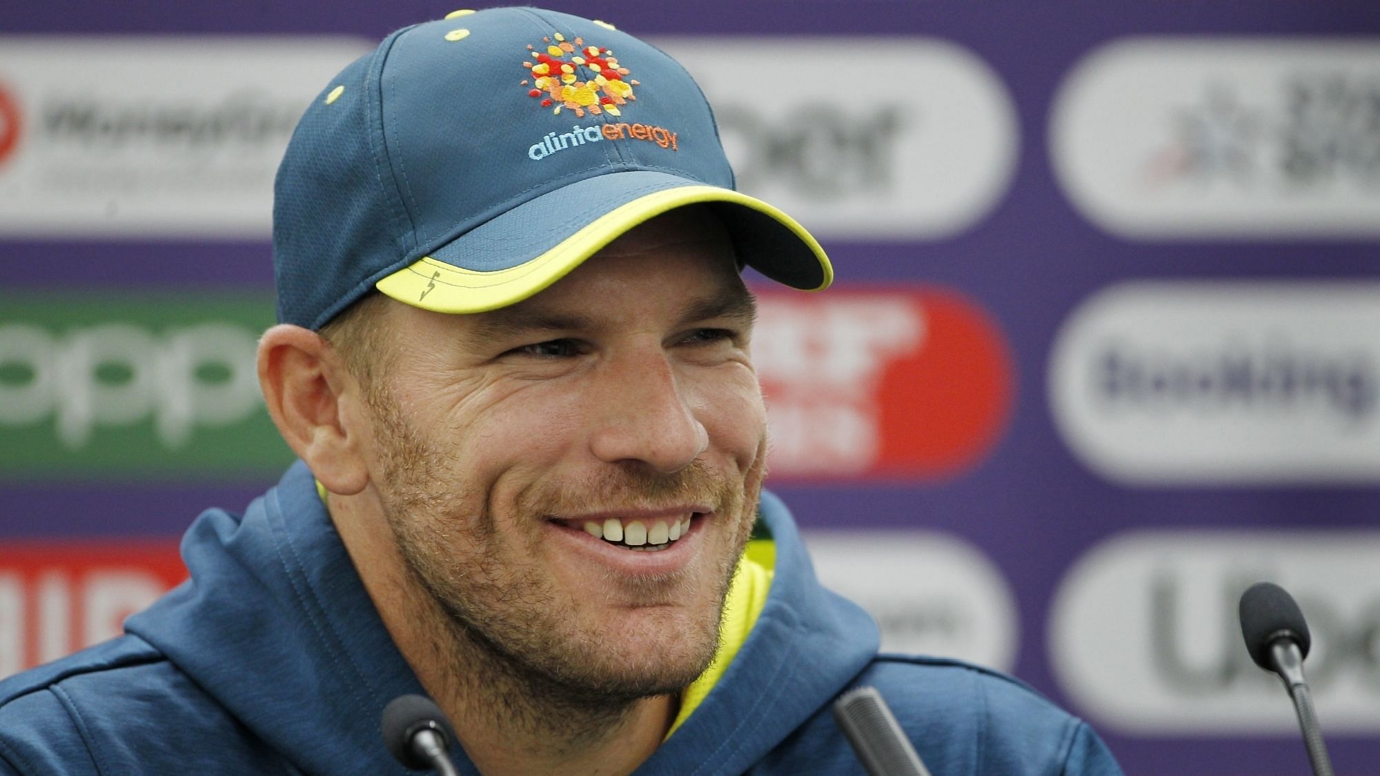 Australian skipper Aaron Finch during a press conference ahead of his team’s 2019 ICC Cricket World Cup match against India, at the Oval in London on 8 June 2019.