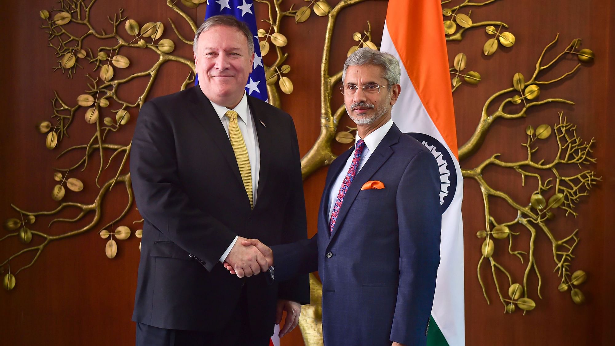  External Affairs Minister S Jaishankar shakes hands with US Secretary of State Mike Pompeo (left) during a meeting on 26 June.&nbsp;