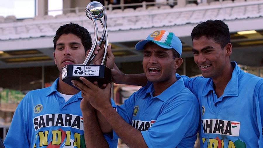 Sourav Ganguly holds up the NatWest Trophy, flanked by Yuvraj Singh and Mohammad Kaif. Image used for representation.