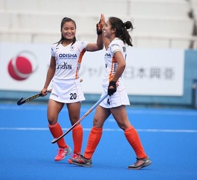 Hiroshima: Indian players celebrate after scoring a goal during the FIH Women