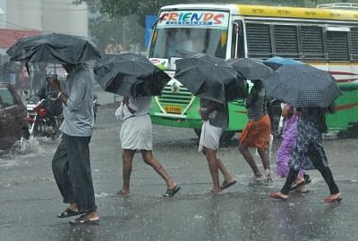 Kochi: People enjoy rains as Monsoon arrives in Kerala, in Kochi on June 8, 2016. (Photo: IANS)