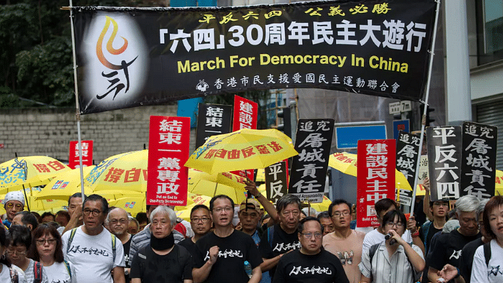 Pro-democracy activists march in Hong Kong in May 2019 to commemorate the 1989 Tiananmen Square protests.