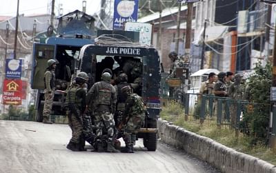 Anantnag: Soldiers at the site where two masked militants in a car attacked a joint party of local police and the CRPF in K.P.Road area of Anantnag on June 12, 2019. (Photo: IANS)