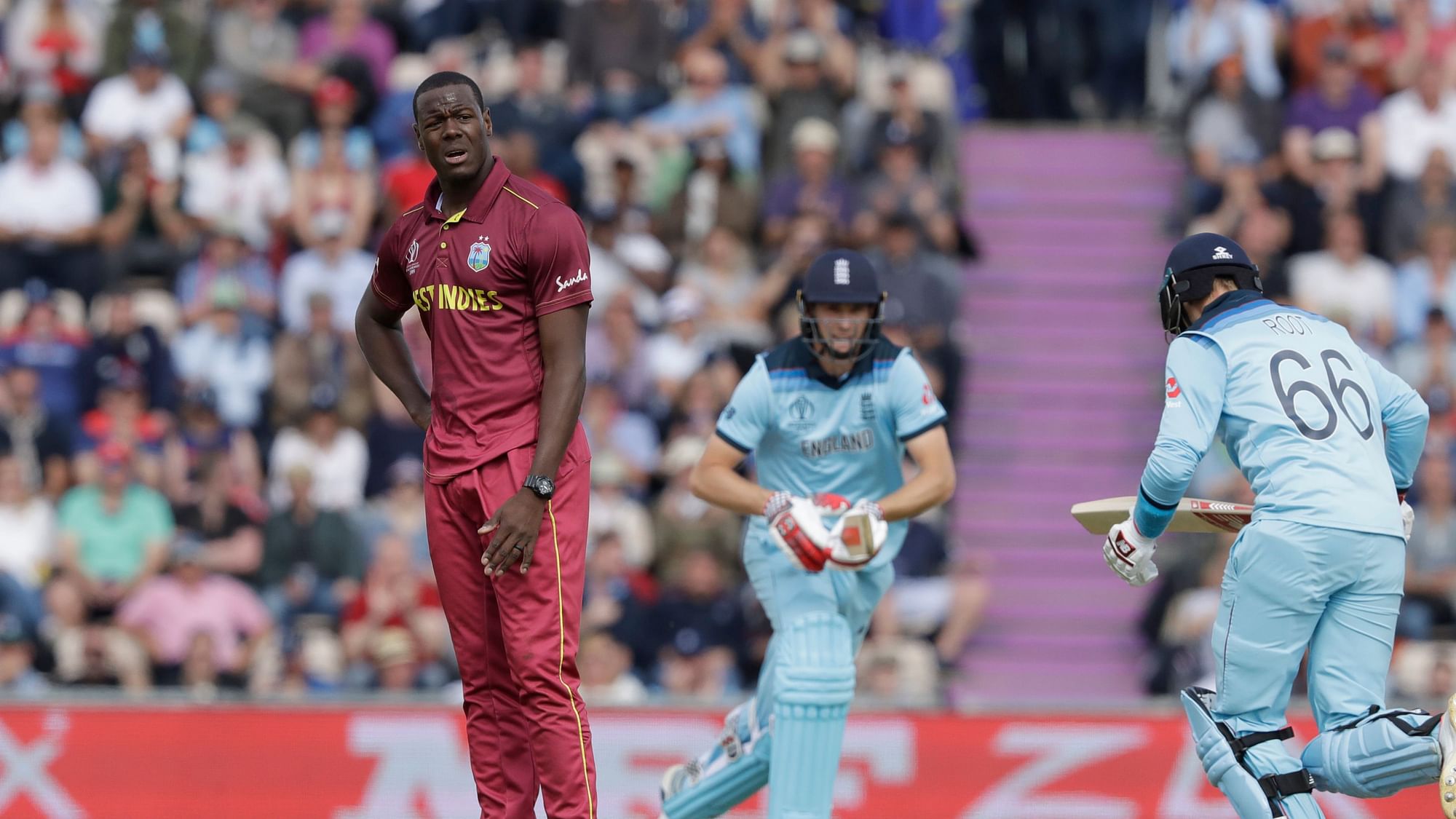 West Indies’ Carlos Brathwaite during the Cricket World Cup match between England and West Indies on 14 June.