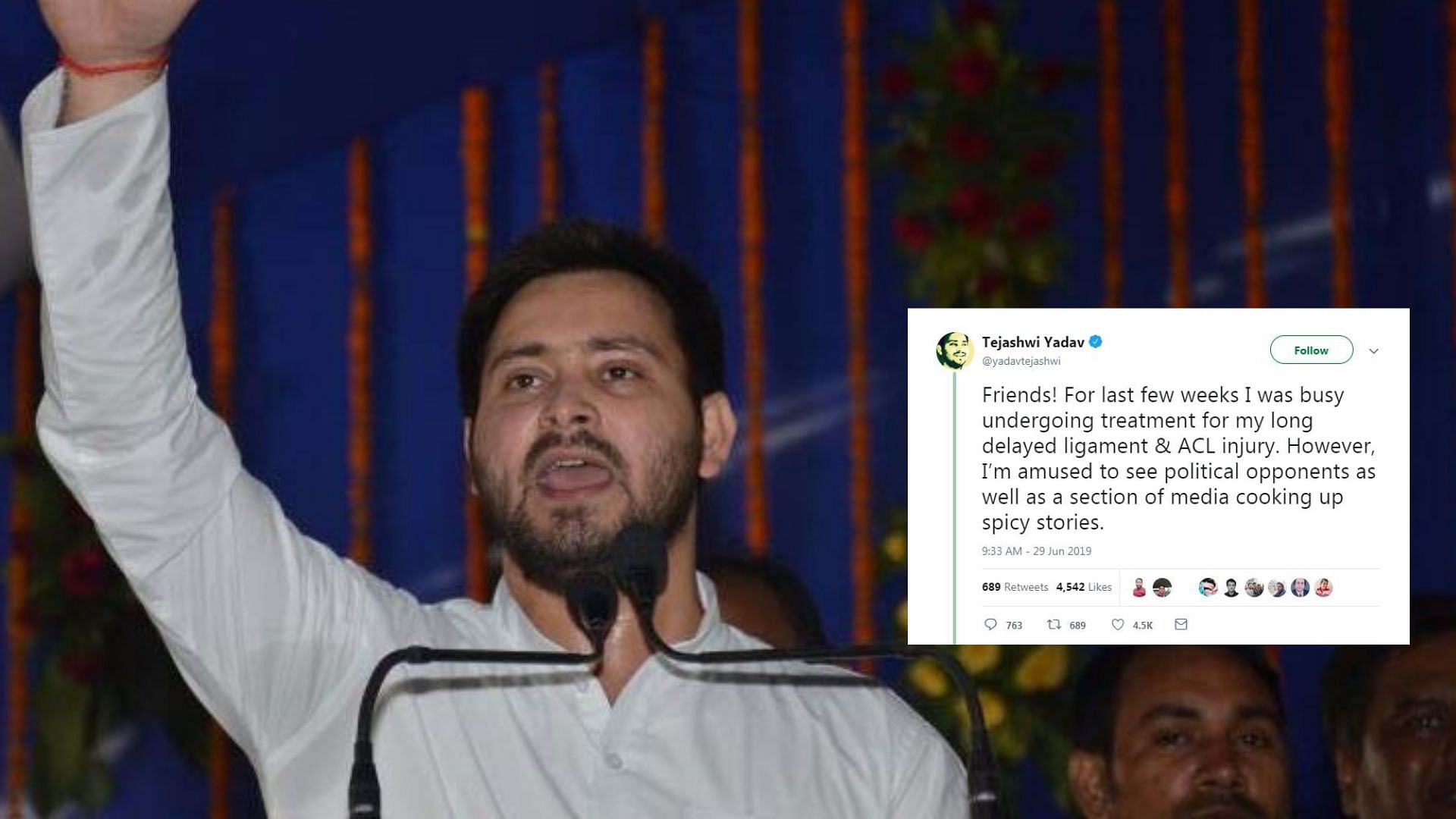 “I’m amused to see political opponents as well as a section of media cooking up spicy stories,” Tejashwi Yadav wrote on Twitter.