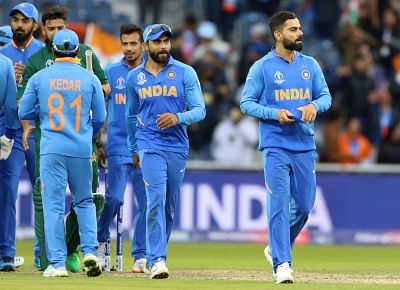 Manchester: Indian skipper Virat Kohli celebrates along with teammates after winning the 22nd match of 2019 World Cup between against Pakistan at Old Trafford in Manchester, England on June 16, 2019. India won by 89 runs (D/L method). (Photo: Surjeet Yadav/IANS)
