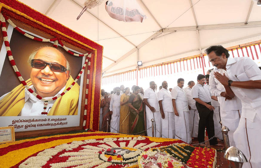 M.K Stalin pays tribute to father and DMK patriarch M.Karunanidhi.