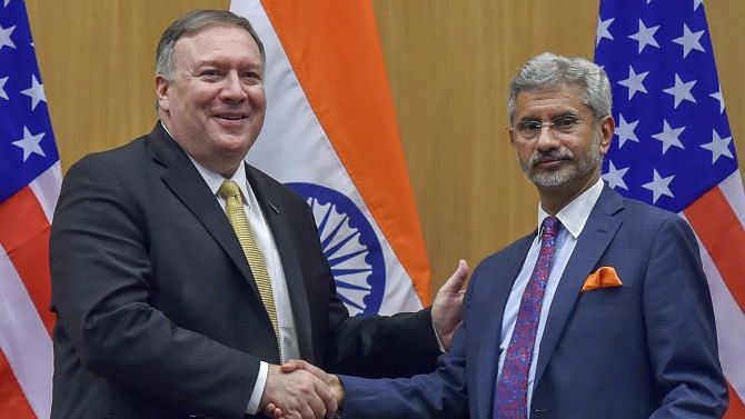 US Secretary Mike Pompeo with EAM S Jaishankar on Wednesday, 26 June.