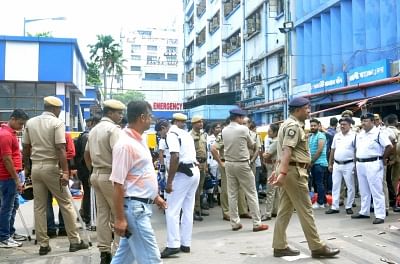 Kolkata: Security personnel deployed at NRS Medical College and Hospital where junior doctors went on a strike after one of their colleagues was allegedly attacked by the family of a patient who died, in Kolkata on June 11, 2019. (Photo: Kuntal Chakrabarty/IANS)