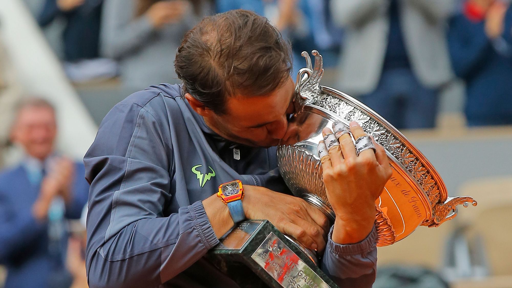 Spain’s Rafael Nadal celebrates his record 12th French Open tennis tournament title after winning his men’s final match against Austria’s Dominic Thiem in four sets, 6-3, 5-7, 6-1, 6-1, at the Roland Garros stadium in Paris, Sunday, June 9, 2019.&nbsp;