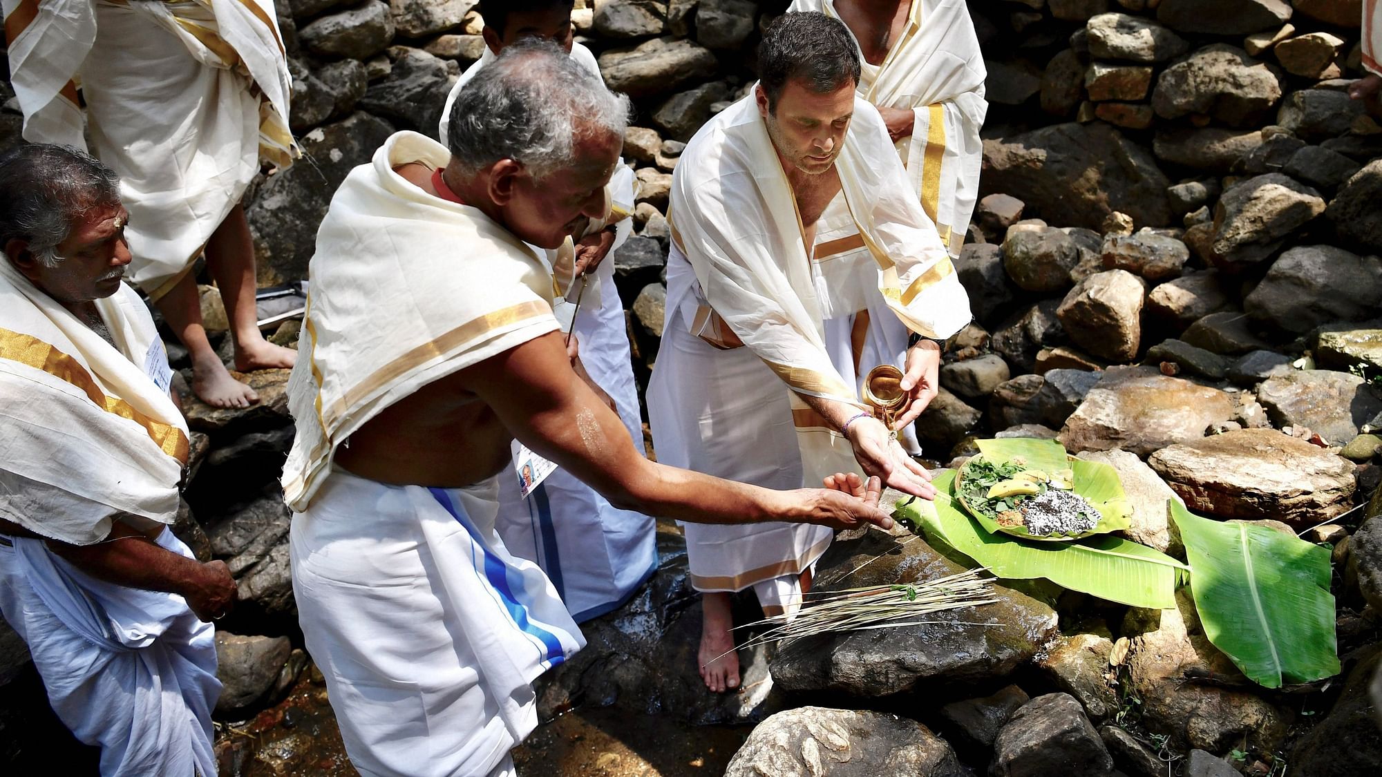 File image of Congress President Rahul Gandhi offering prayers at Thirunelli Temple ahead of Lok Sabha elections, in Wayanad district.&nbsp;
